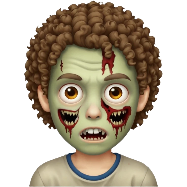 menino com cabelo cacheado e olhos marrons, com boca de zumbi emoji