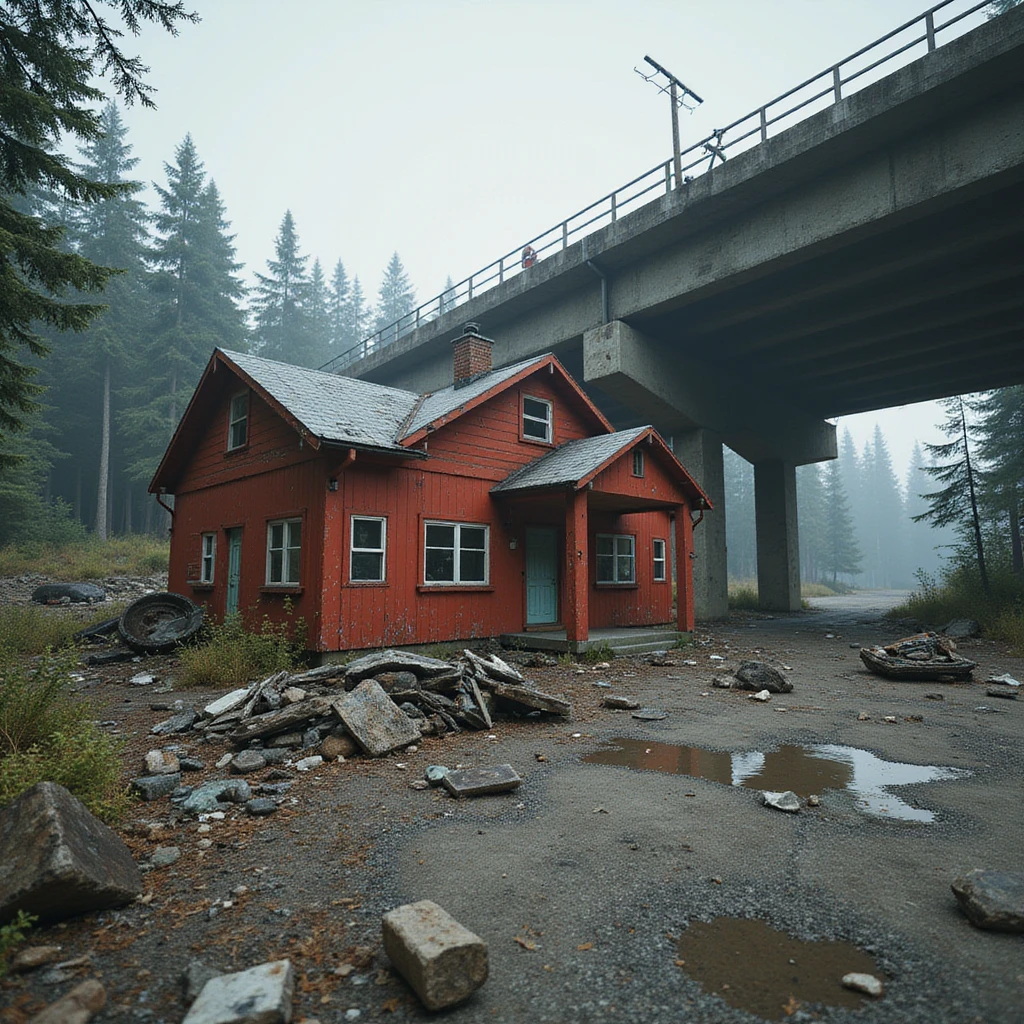  a screenshot of a location in a videogame  the image of the scene consists of:  [above-ground vacant train freeway partially collapsed], a red 1980's construction mansionesque wooden motel painted red, surrounded by war-torn pollution wreckage, wooded area emoji