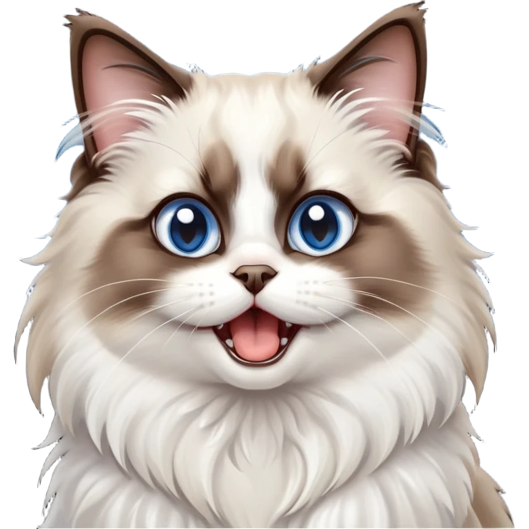 cinematic-adorable-big-eyed-fluffy-dark brown and white ragdoll-cat-portrait-emoji,-head-tilted-playfully-with-a-cute,-yawn,-soft-brown-and white-colored-fur-with-darker-points-on-the-ears,-simplified-yet-irresistibly-cute-features, sparkling blue eyes emoji