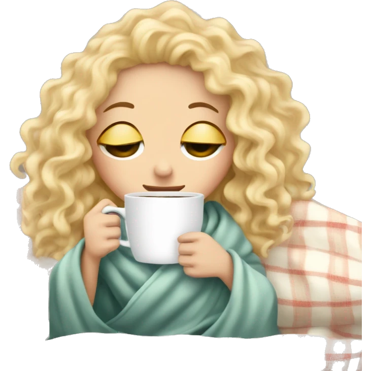 Blonde  hair curly girl inside a blanket sipping coffee eyes closed emoji