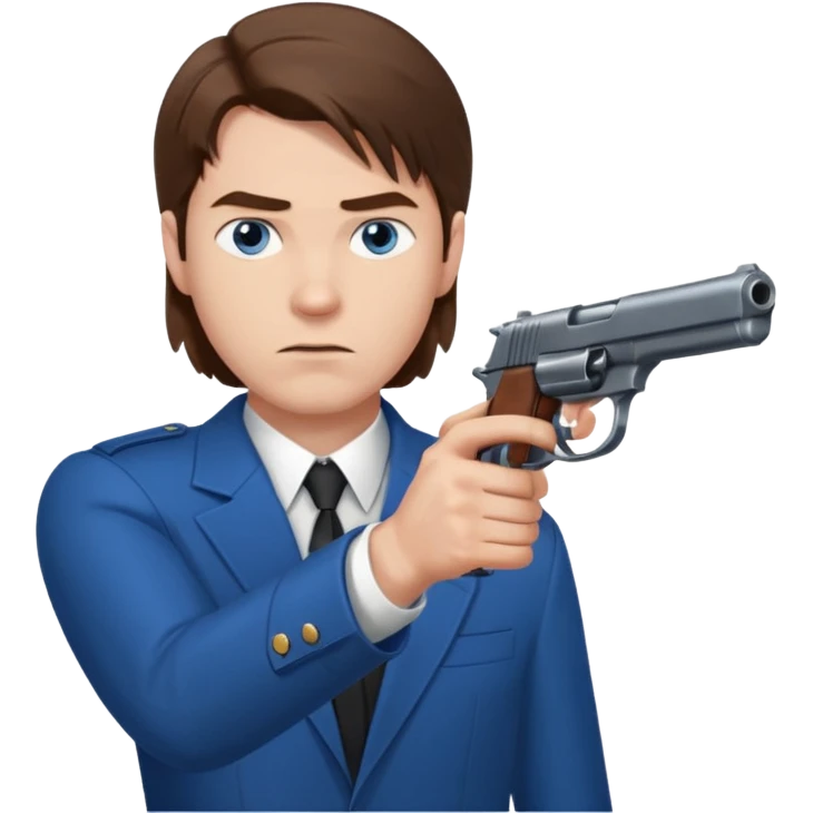guy w medium long brown hair and blue eyes with gun pointed towards him emoji