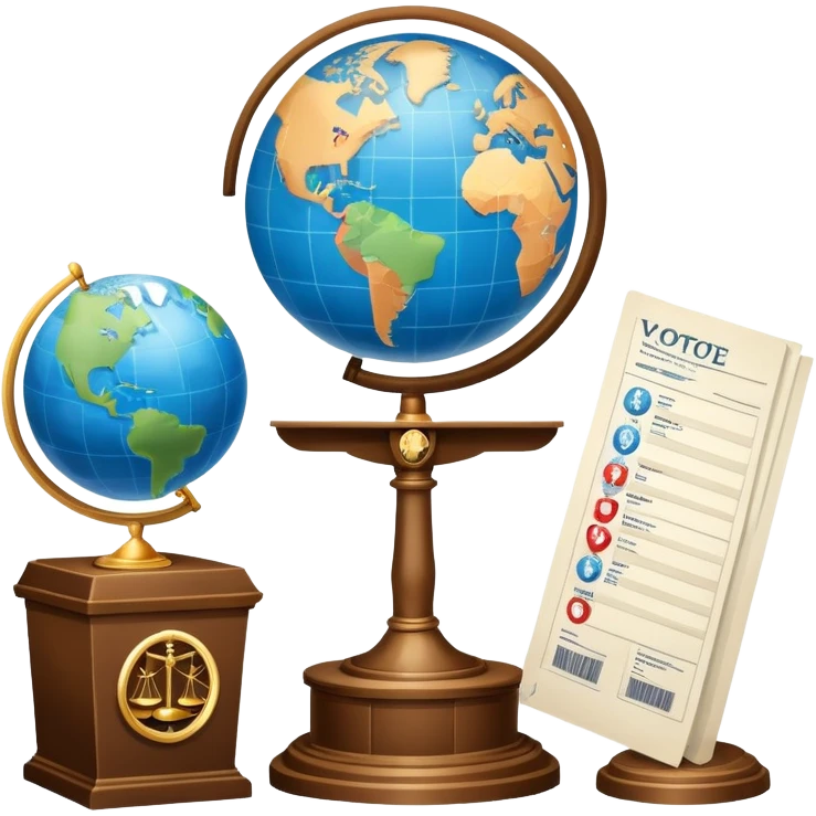 An icon featuring a podium with a speaker, a ballot box with a voting slip, and a globe, symbolizing political science. The design includes scales of justice and a world map in the background, representing governance and global politics. Transparent background highlights political analysis. emoji