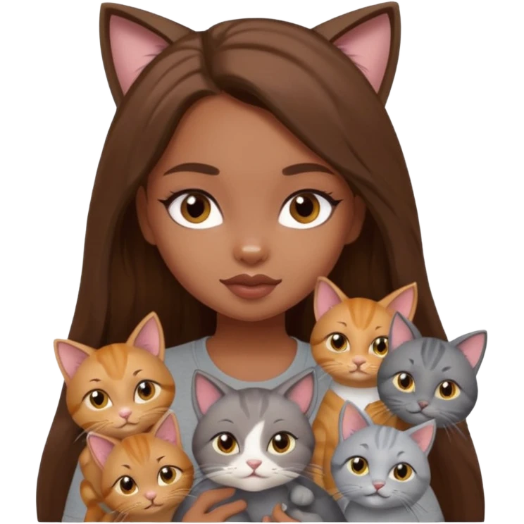a pretty bratz dusky girl with long brown hair with six cats nd wearing a grey tshirt emoji