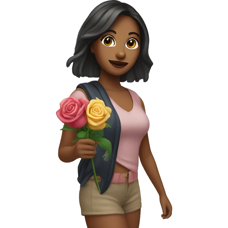 A woman named Rose visiting a beach in California while holding a rose in her hand, dark hair and bangs in a ponytail emoji