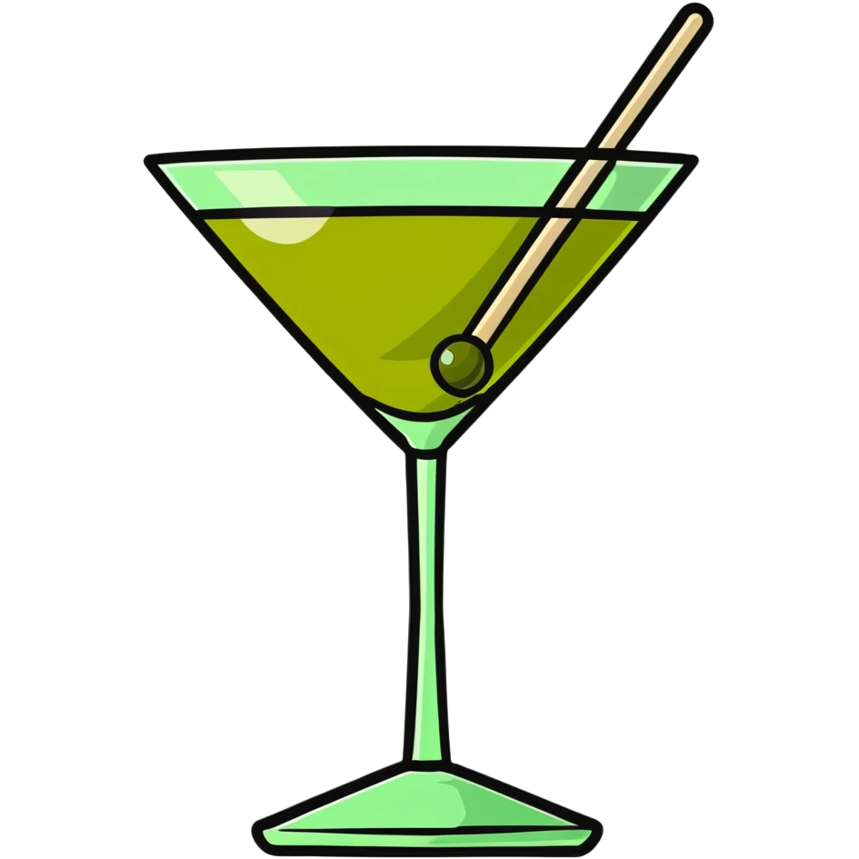 martini glass with completely colorless transparent liquid like pure water, with a green olive at the bottom skewered by a toothpick emoji