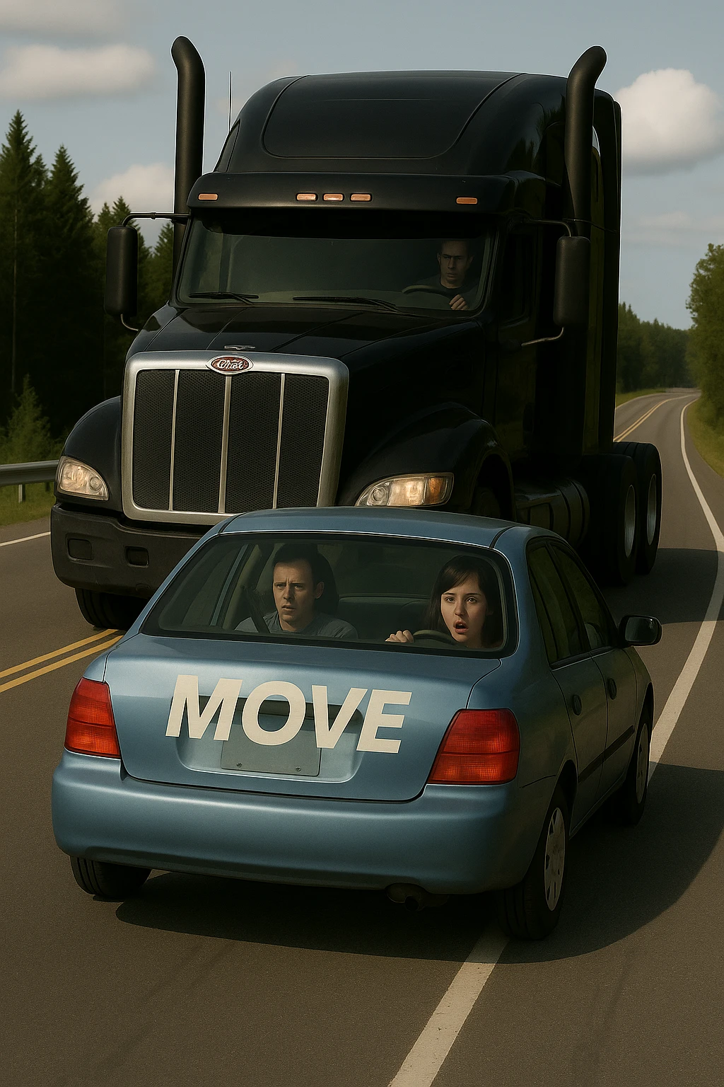 Remove the year 2026 from the black truck, add a visible person inside the car in front, keep the truck black and the rest of the scene the same. emoji