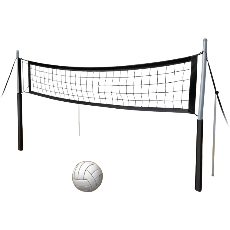 A close-up volleyball net with a ball hovering above it, set against the backdrop of a sandy volleyball court. The scene highlights the tension of an impending play, with the court lines clearly visible and a bright, sunny atmosphere surrounding the action. emoji