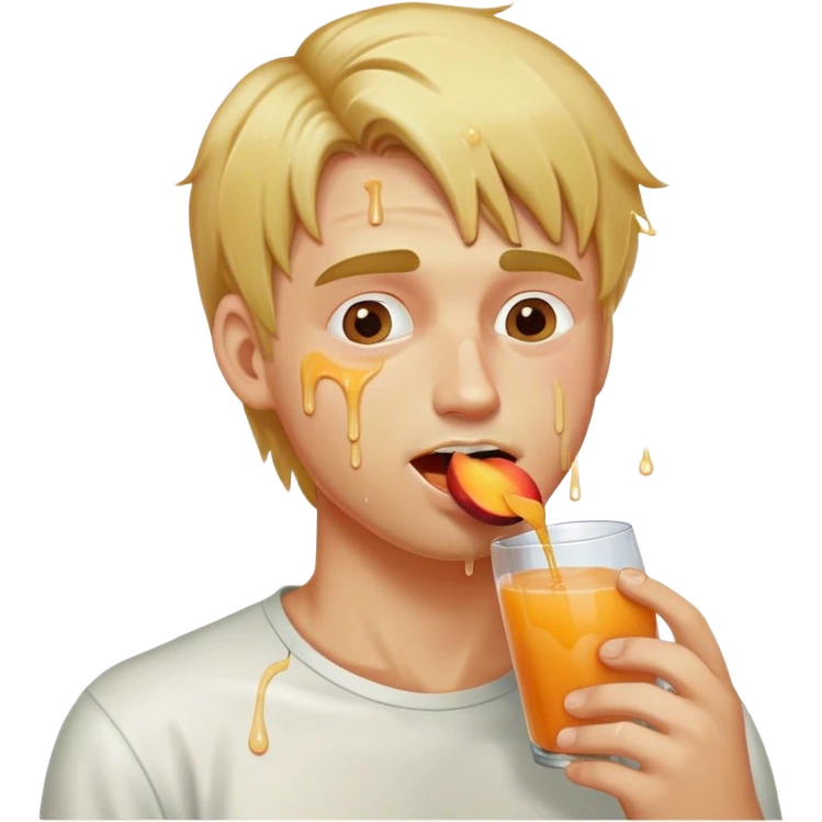 Blond hair man eating peach with juice dripping down face emoji