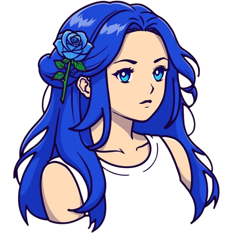 head portrait of anime girl with long dark blue hair, blue rose in hair, blue eyes, JoJo's Bizarre Adventure art style, dramatic look, head only emoji