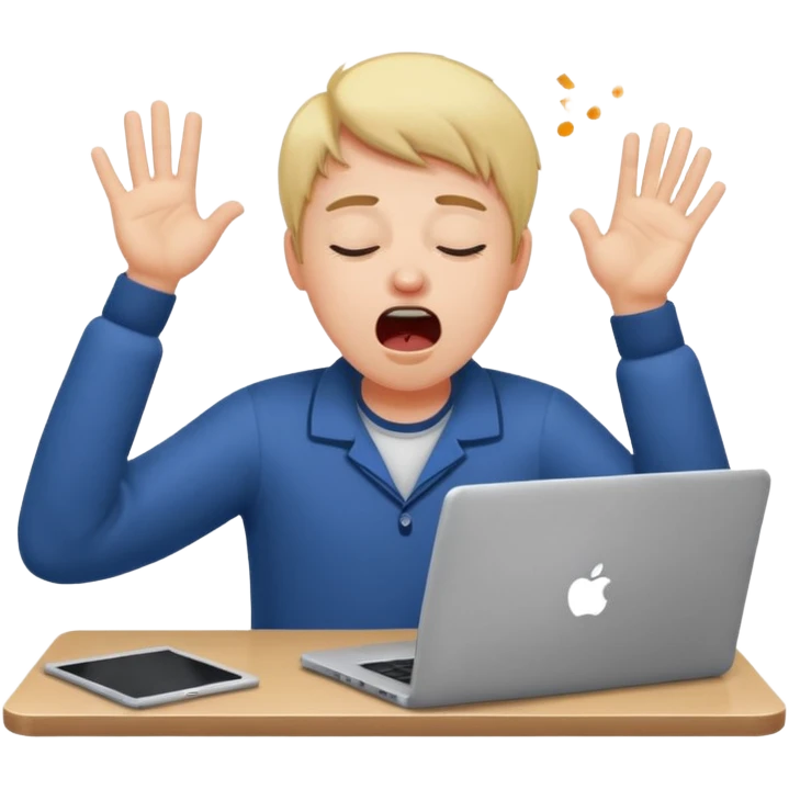 sleepy student with laptop, hands up emoji