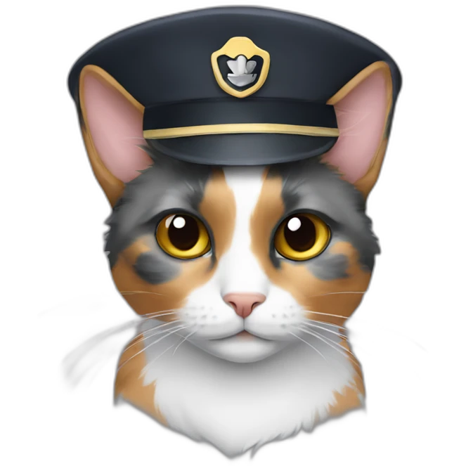 calico cat with gray fur wearing a pilot hat emoji