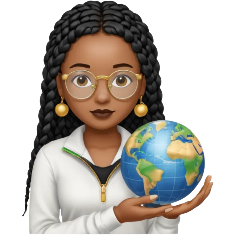 a young woman wearing fine gold round glasses and black hair in several box braids, no earrings, she has light black skin, and she's wearing a white shirt with a black quarterzip. She's holding a globe in one hand emoji