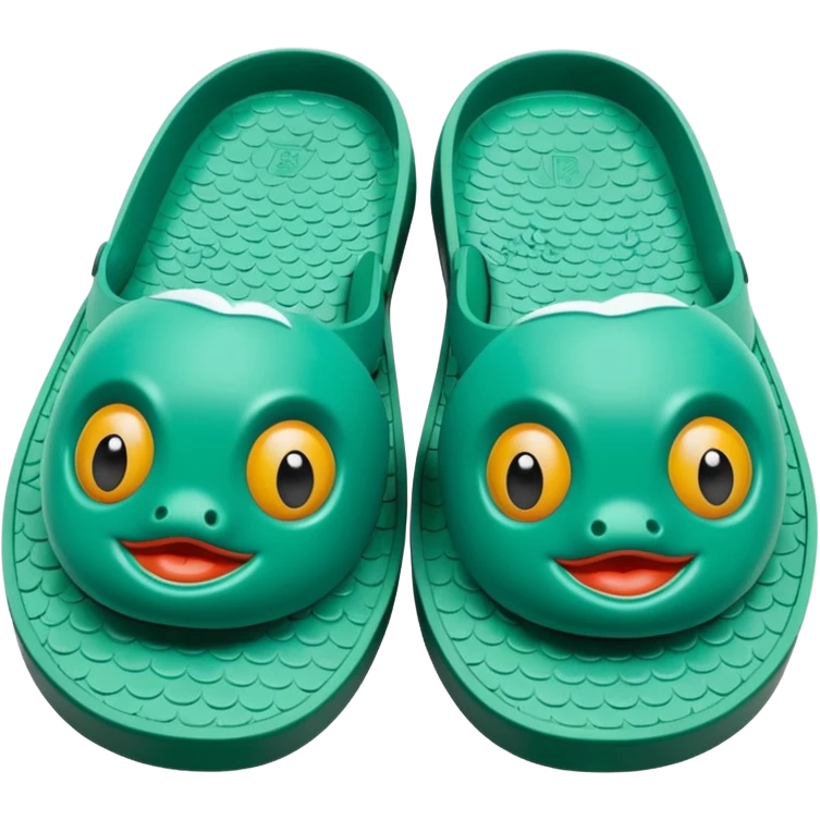 slightly green rubber pool slippers with carp eyes on the top emoji
