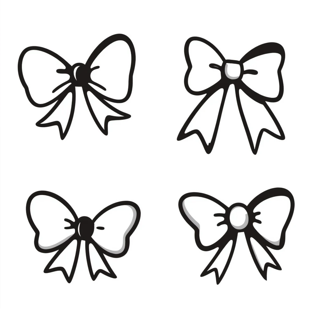 cute bows in various shapes and sizes in pastel colors dd9fb0, ffc6d3, a3bfc9, c4bee2, f1b091, hand-drawn doodle style emoji