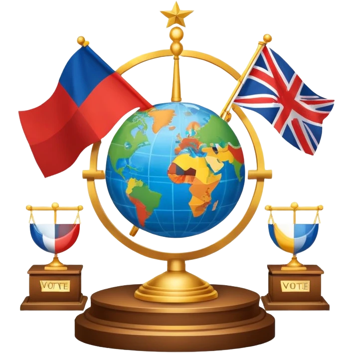 icon featuring podium with a speaker, national flags, and voting ballots, symbolizing political science. The design includes a globe and scales of justice in the background, representing governance, global affairs, and political theory. Transparent background emphasizes civic engagement and policy. emoji