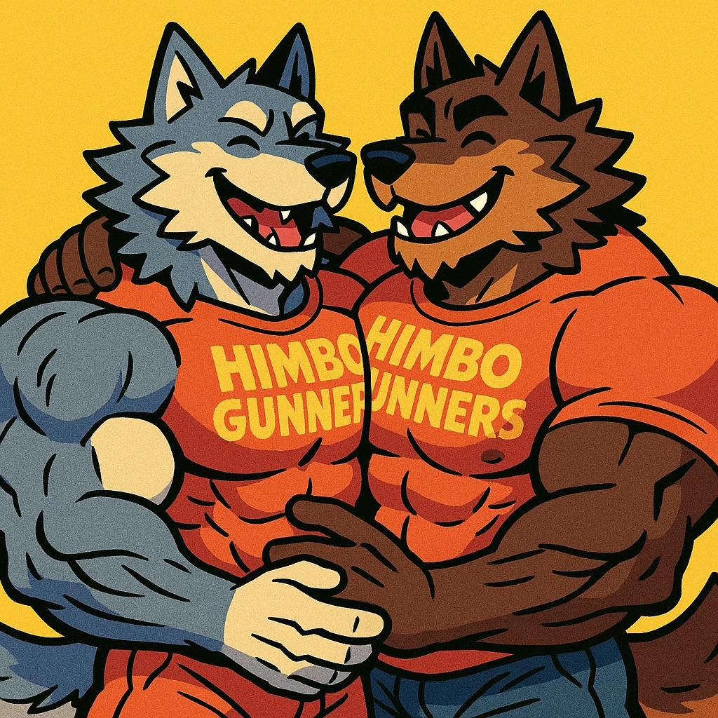 two hyper-muscular wolf furry characters wearing 'Himbo gunners' t-shirts, hugging, big smiles, playful and affectionate, oversized and detailed muscles, intricate fur, high quality emoji