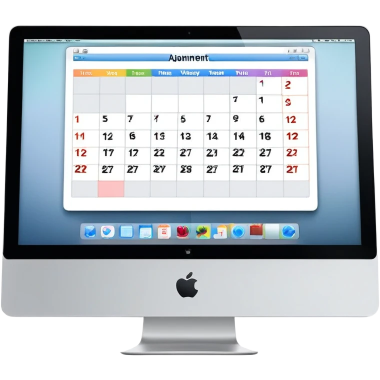 front view of an iMac with a single day-calendar on the screen, vertical hours on the left, horizontal client slots, some slots filled with color to show booked appointments emoji