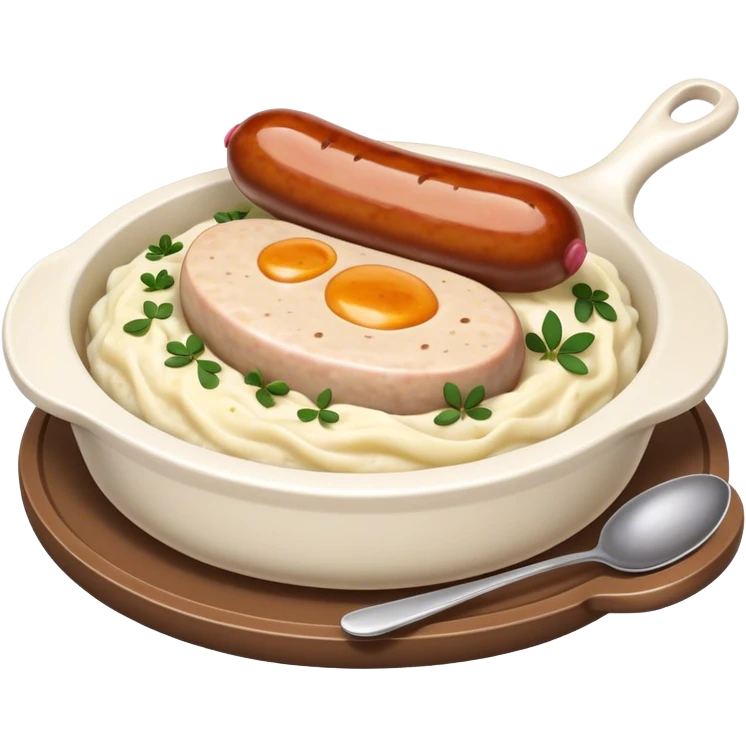 Cinematic Realistic Bangers and Mash Dish Emoji, featuring succulent pork sausages paired with creamy mashed potatoes rendered with detailed textures and natural highlights that emphasize its robust, hearty flavor. emoji