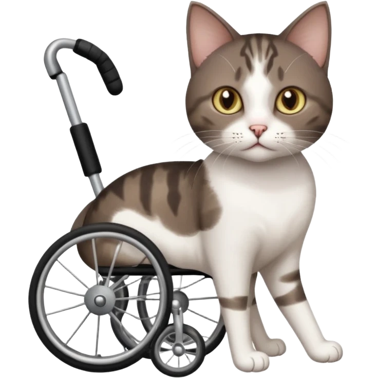full body small short hair dark brown and white cat with hazel eyes walking in a wheelchair for cats emoji