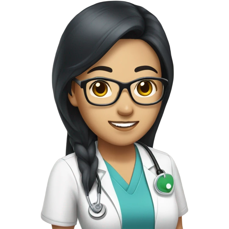 Asian nurse with long straight black hair and tan skin and clear glasses in scrubs emoji