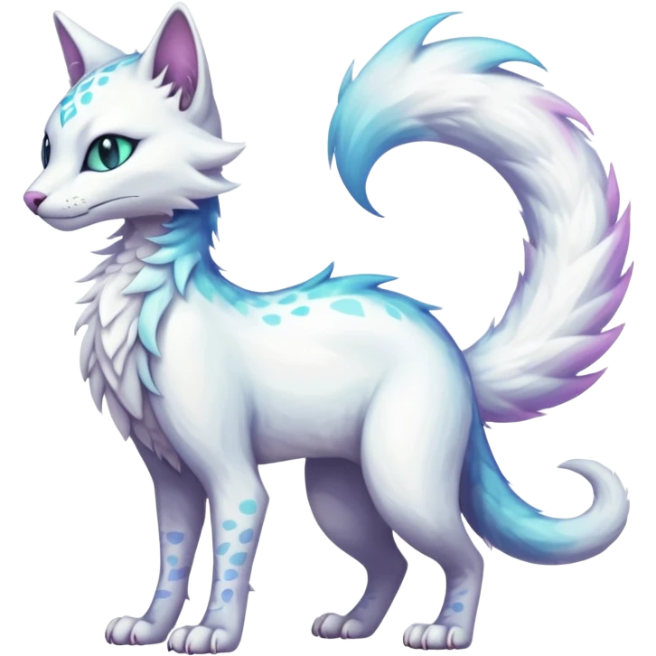 Kawaii white iridescent beautiful pretty elegant divine edgy fantasy feline-vernid-sergal-fursona animal creature with a tufted tail full body with intricate markings  emoji