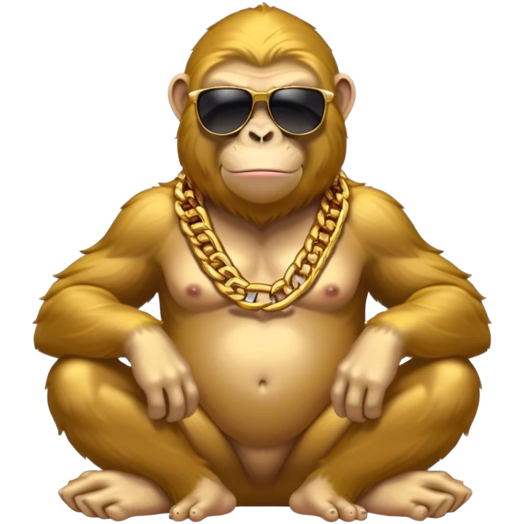 ape with big golden chain on the neck wearing sunglasses sitting on the big pile of gold  full height. emoji