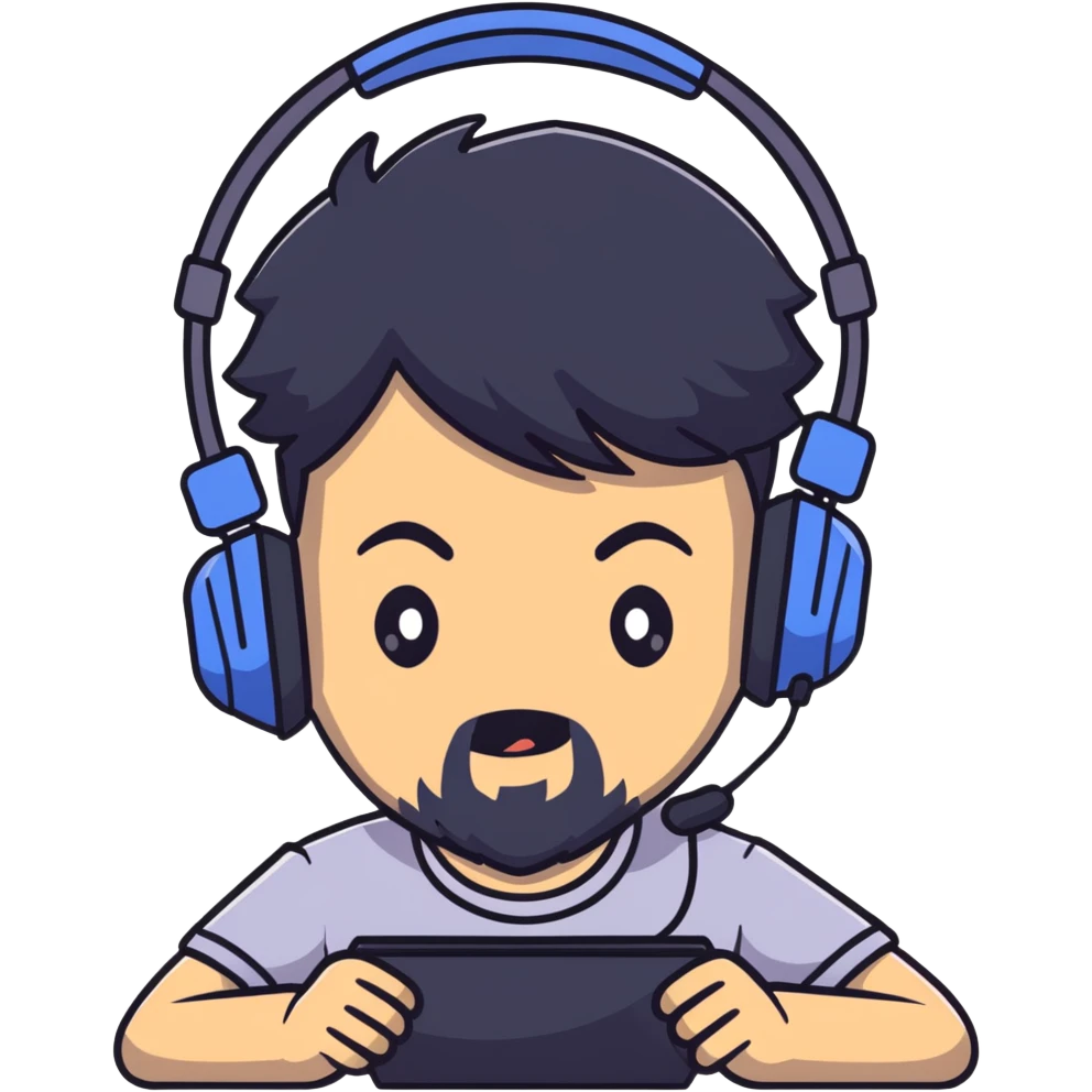 Anime-style character with black hair, brown eyes, black beard, and gaming headset, Japanese animation style emoji
