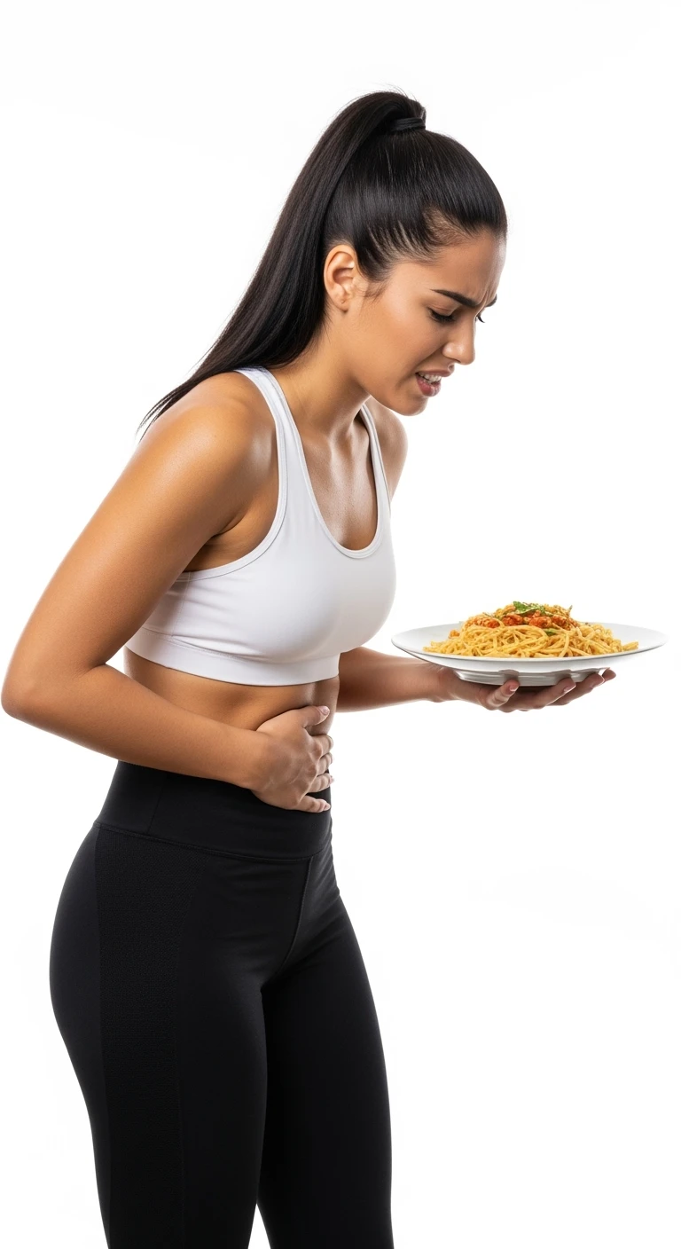 DONNA FITNESS CON PIATTO DI PASTA IN MANO E MAL DI PANCIA, FA FATICA A DIGERIRE, ISOLATA SU SFONDO BIANCO emoji