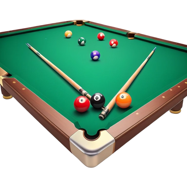 Two crossed pool cues resting on a billiard table, with colorful billiard balls scattered across the surface. The background features the felt of the table, creating an inviting atmosphere for a game of precision and strategy emoji