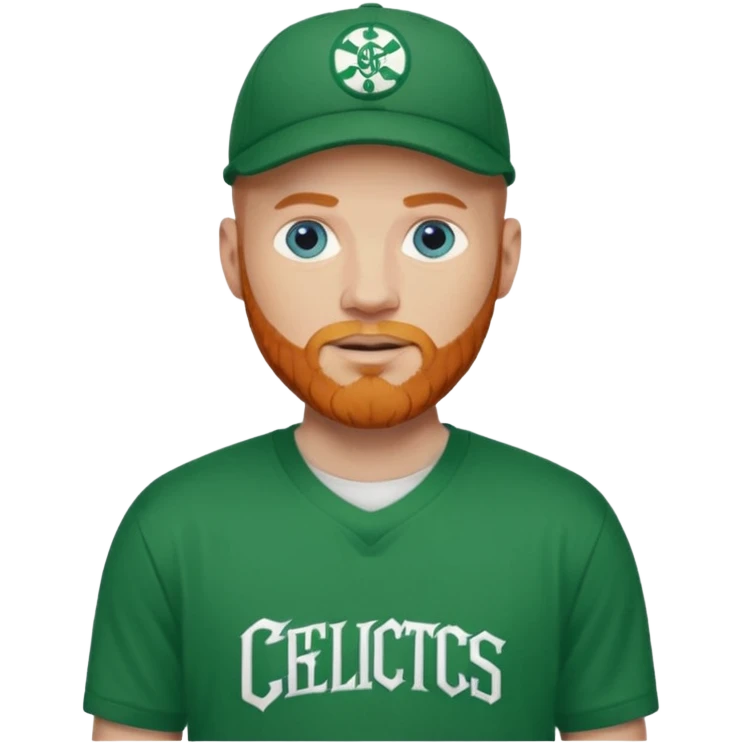 Bald white man with ginger beard and blue eyes in Celtics jersey over tshirts with cap emoji