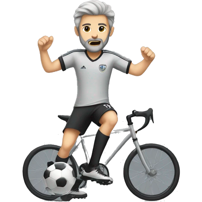 white boy in gray soccer uniform and black shorts with gray beard  and hair bicycle kicking a soccer ball emoji