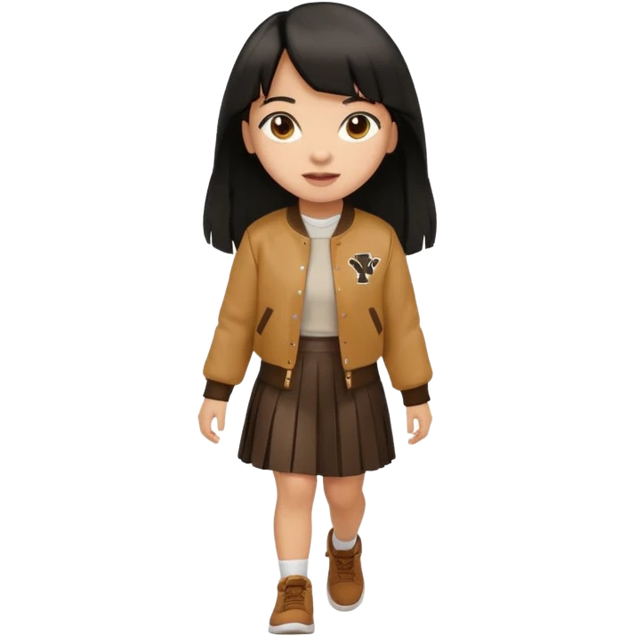 black color long hair with fringe, light skin long hair girl with brown varsity jacket and long skirt walking

 emoji