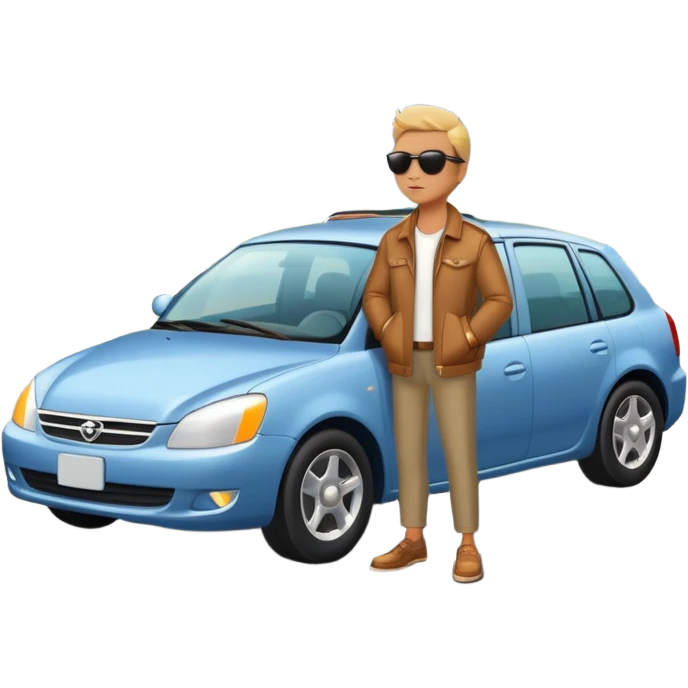 A person stands next to a car parked on the side of a long, open road. The sky ahead is clear and glowing, full of possibilities. One hand is on the steering wheel, the other points forward. The rearview mirror reflects storm clouds, but the windshield shows sunlit mountains ahead.  emoji