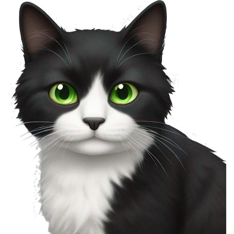 Fluffy black cat with white chest and green eye emoji