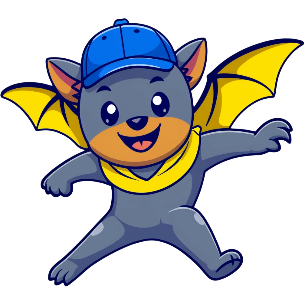 Flying fox bat mascot "Nahalenok" for FC Rostov, cheerful expression, large wings spread wide in flight, big expressive eyes with playful glint, smiling mouth showing small fangs, wearing yellow (#FFCD00) and blue (#0057B8) scarf around neck, blue baseball cap with FC Rostov logo tilted to side, dark grey body emoji