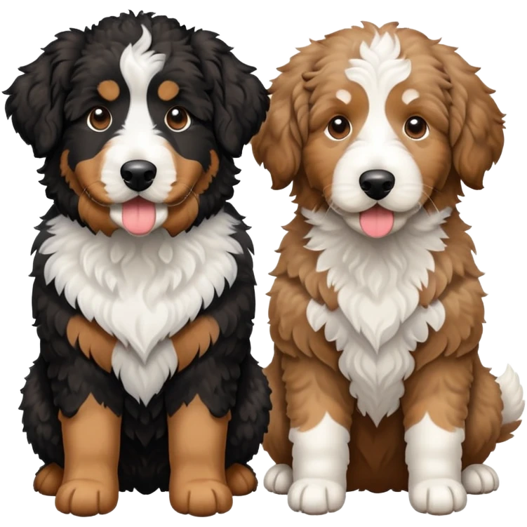 2 dogs: one light brown Aussie doodle, one Bernedoodle all black with white eyebrows some white markings, no brown coloring. Both same size. emoji