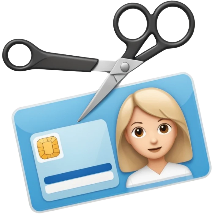 Scissors cutting ID card in 2 parts. Realistic emoji