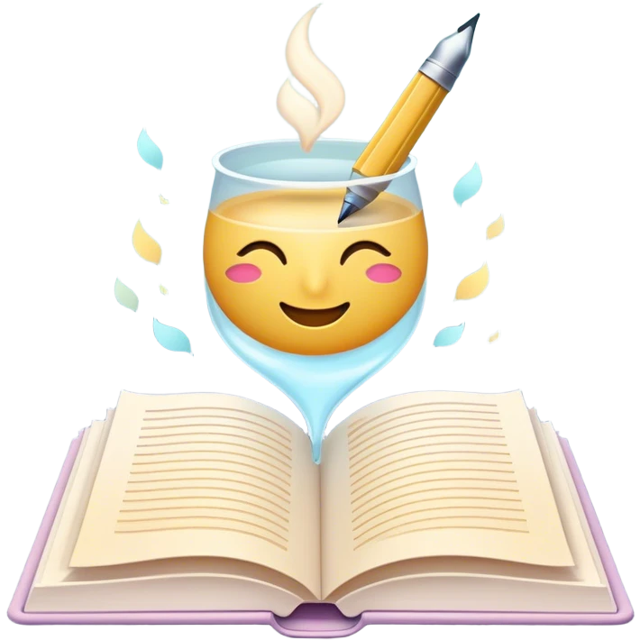Create a whimsical and poetic emoji symbolizing poetry. The design should have several elegant pages floating smoothly in the air with short poetic columns written on them. Add a white pen resting gracefully on the pages and an inkwell. The overall color palette should include soft pastel tones, which will add airiness and dreaminess to the design. Make the background transparent emoji