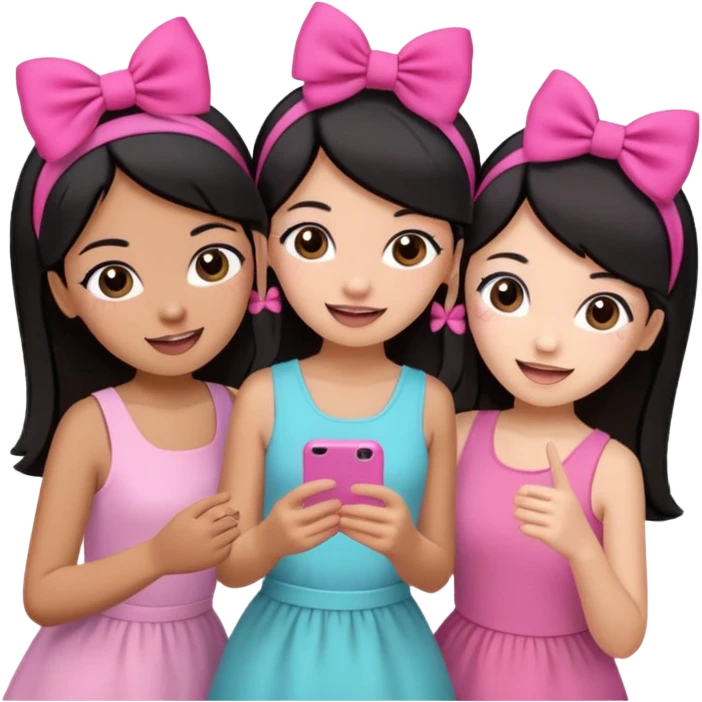 3 brown friends having fun, one with black hair, 2 with brown hair, girly style emoji