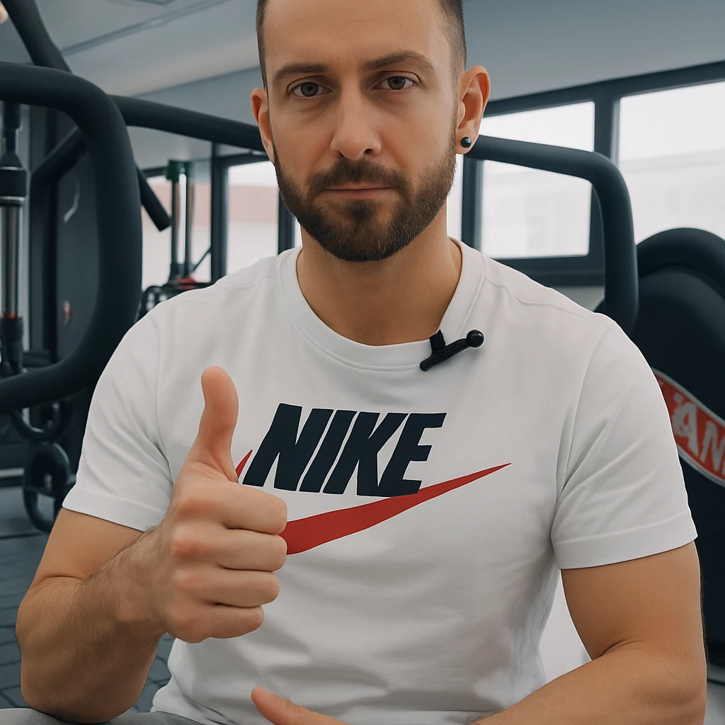 The man in the photo is making the OK gesture with his thumb up, showing a serious but positive expression, in a gym environment, photorealistic style. emoji