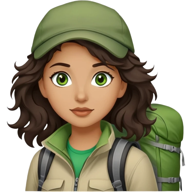 Beautiful girl with dark brown wavy hair and green eyes going on a hike emoji