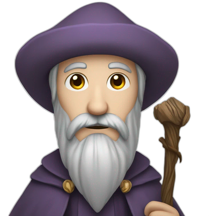 pale black bearded wizard with brown eyes and a staff emoji