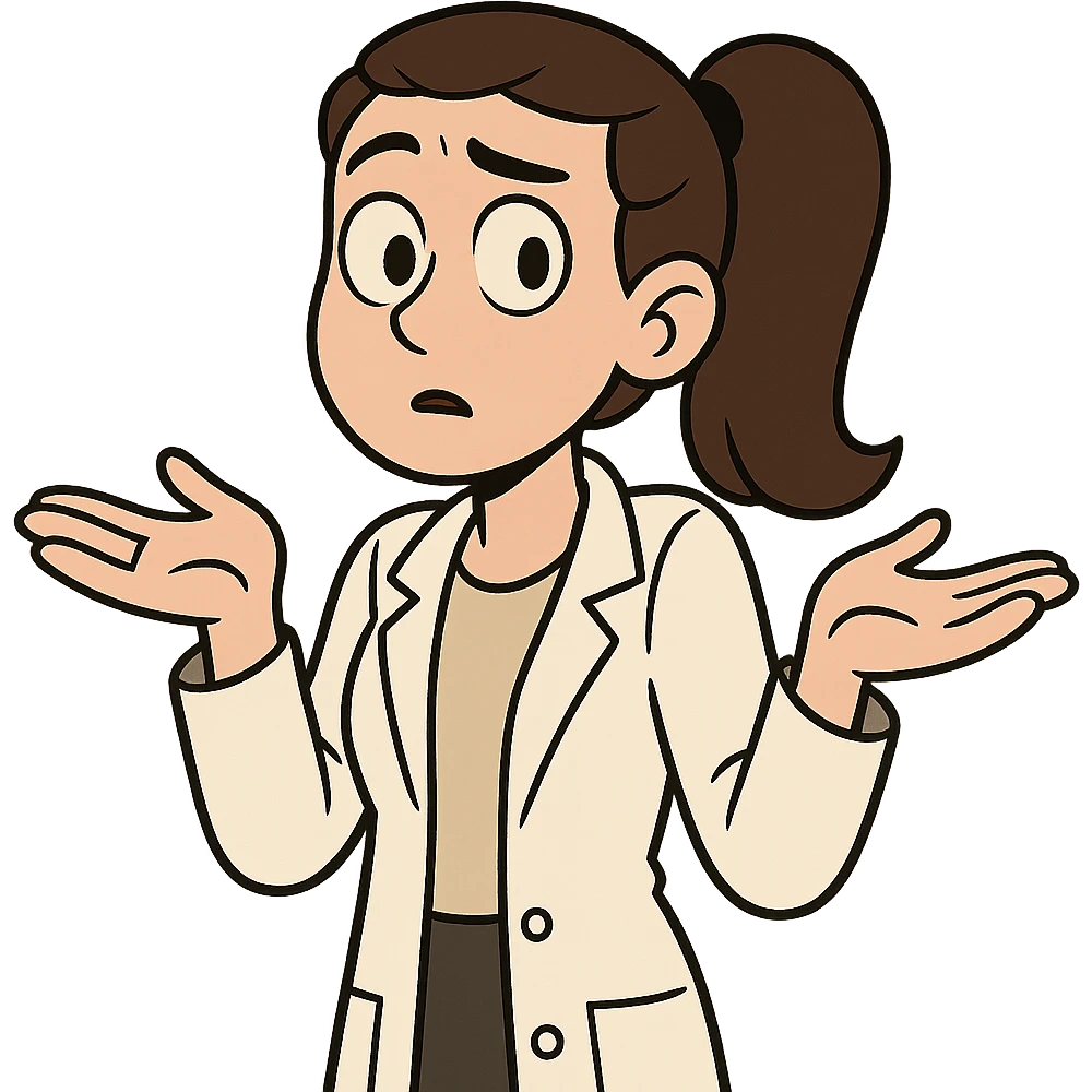 scientist woman shrugging, brunette ponytail, curious, lab coat, cartoon style emoji