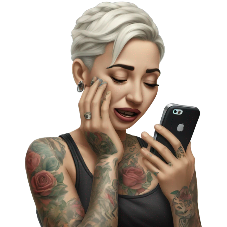 Hyper Realistic Beautiful tattooed woman crying holding a phone  emoji