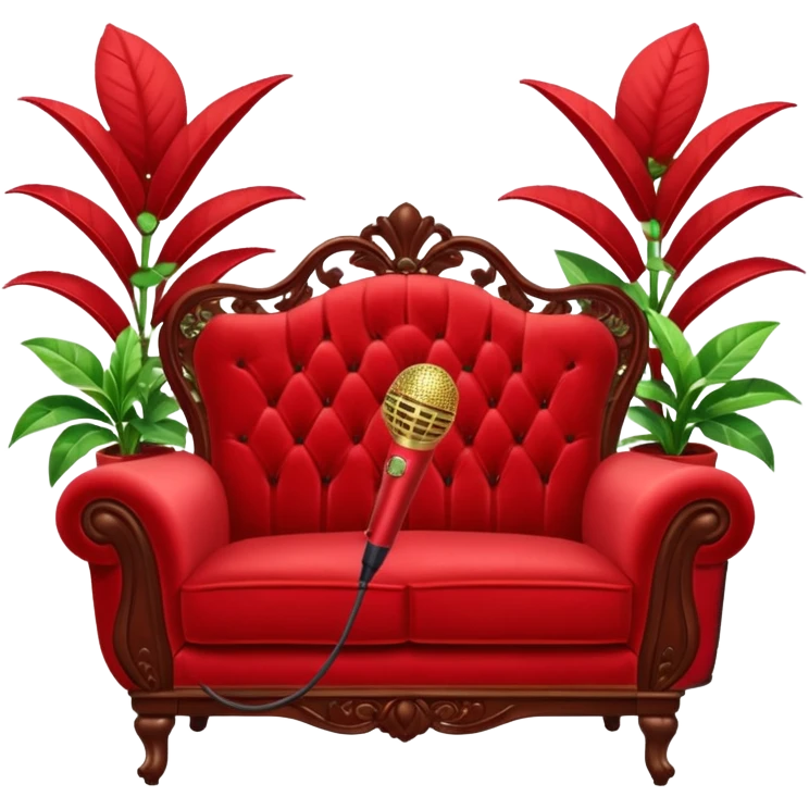 red velvet loveseat with a mic in front, plant in back, and sparkles emoji