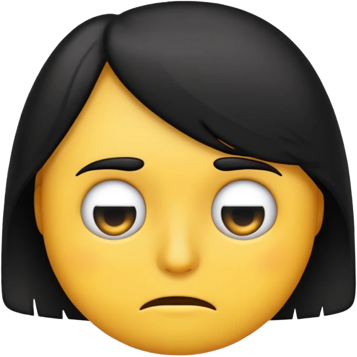 Emoji looking tired with underbags and a black side swoop shortish hair covering only one eye emoji