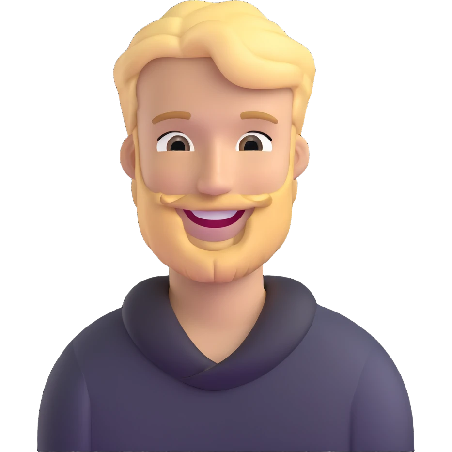 young man with blonde hair and moderate beard with a big smile emoji
