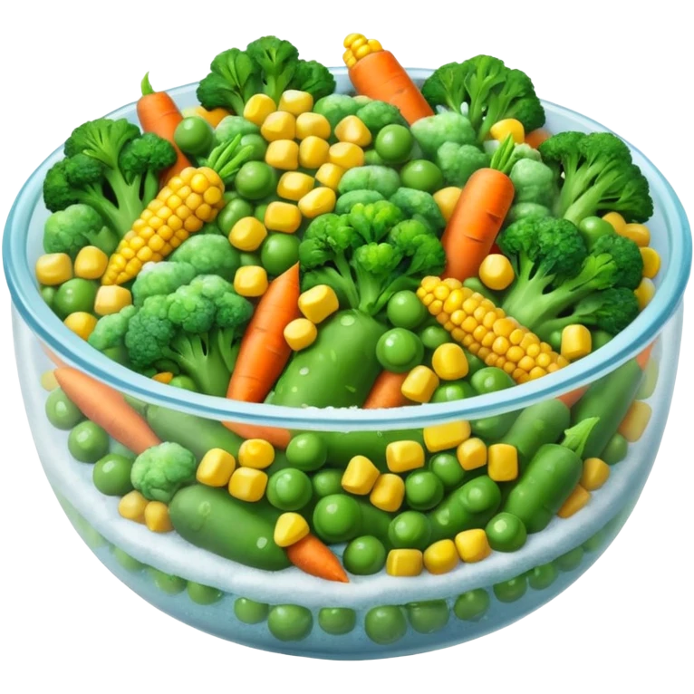 A close-up of a bowl filled with frozen mixed vegetables — peas, carrots, corn, and broccoli — covered with a light layer of frost. The colors are bright but slightly muted from freezing. Natural lighting, high-detail macro food photo. emoji