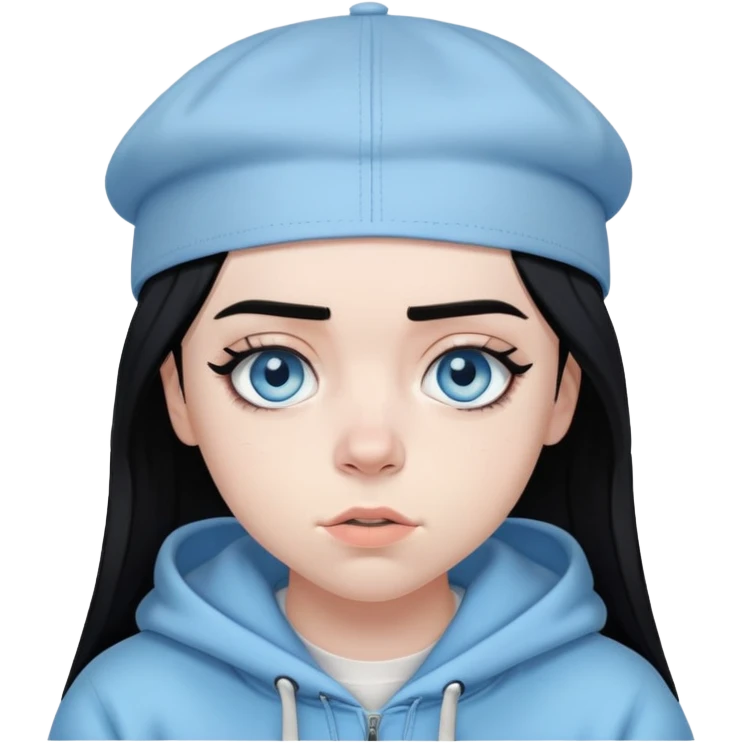 billie eilish wearing backwards cap, black hair, black eyeliner, light blue eyes emoji