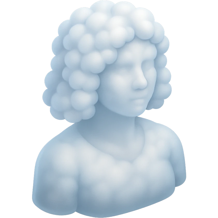 person looking straight, made entirely of white fluffy convex clouds with soft shadows, shoulder length, matte glass style emoji